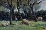 unknow artist Shepherdess with sheep oil painting on canvas